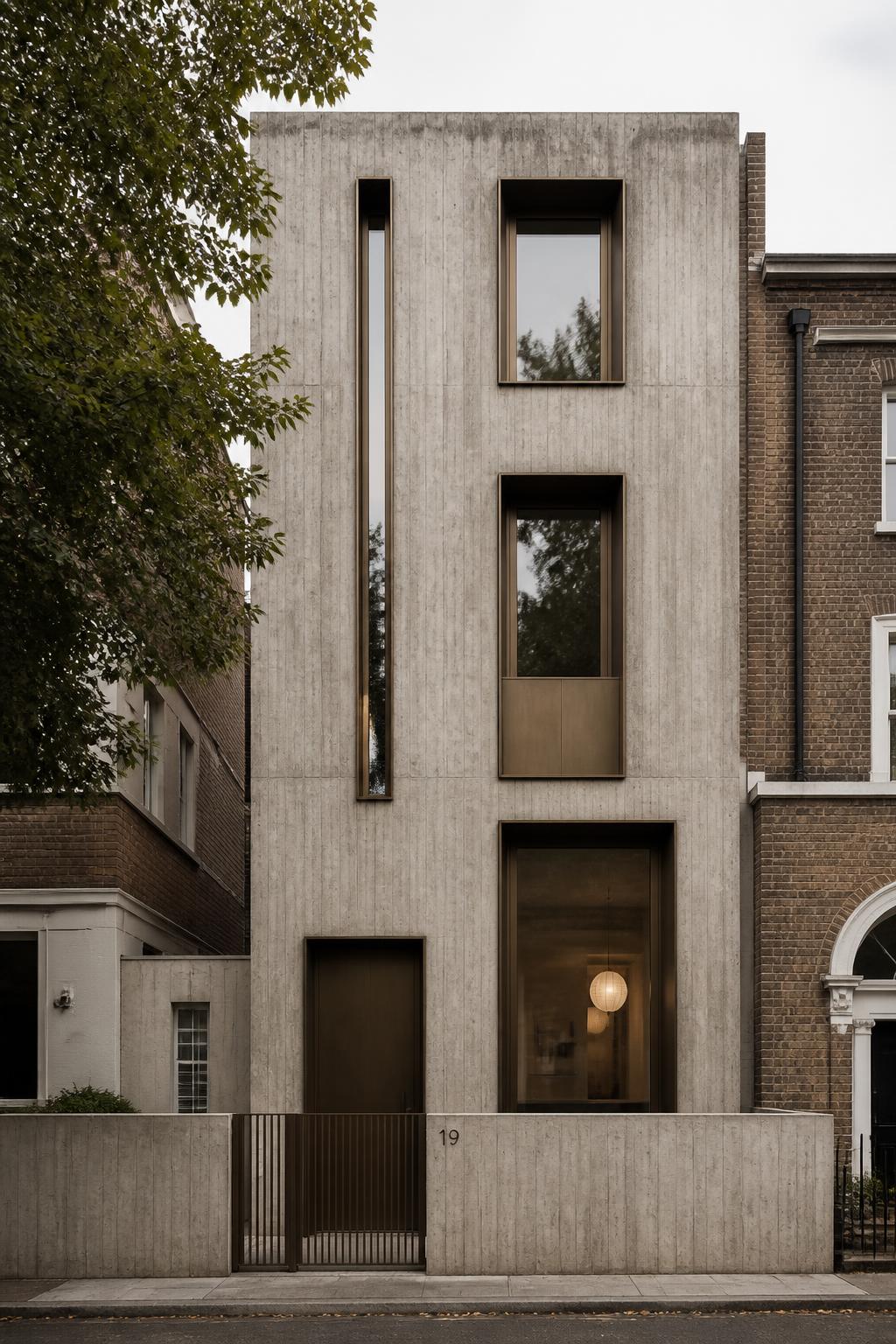 Board-marked concrete townhouse facade with bronze window reveals in London