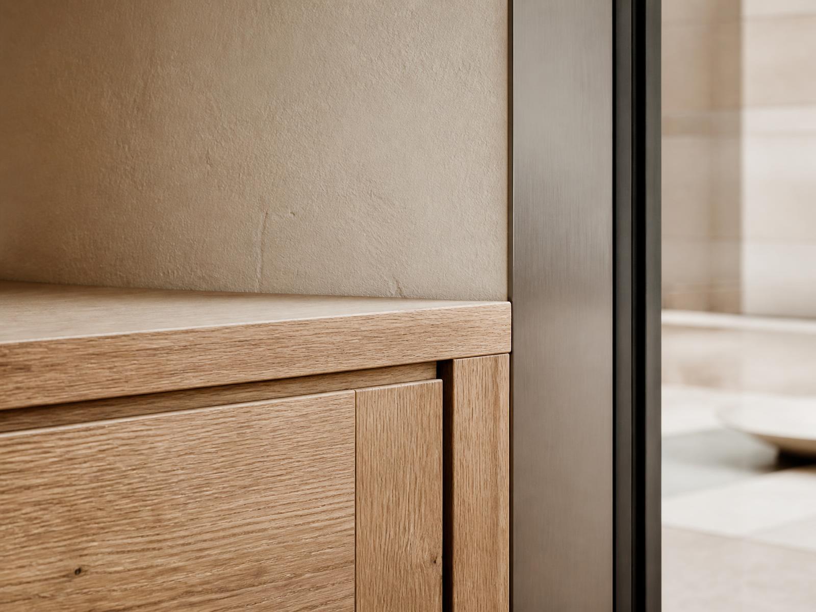 Warm minimal interior with oak joinery, plaster walls and soft daylight