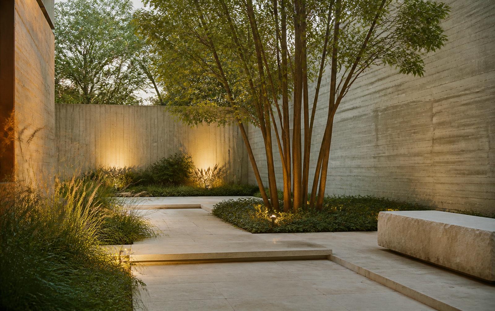 Planted courtyard with stone paving and mature specimen trees