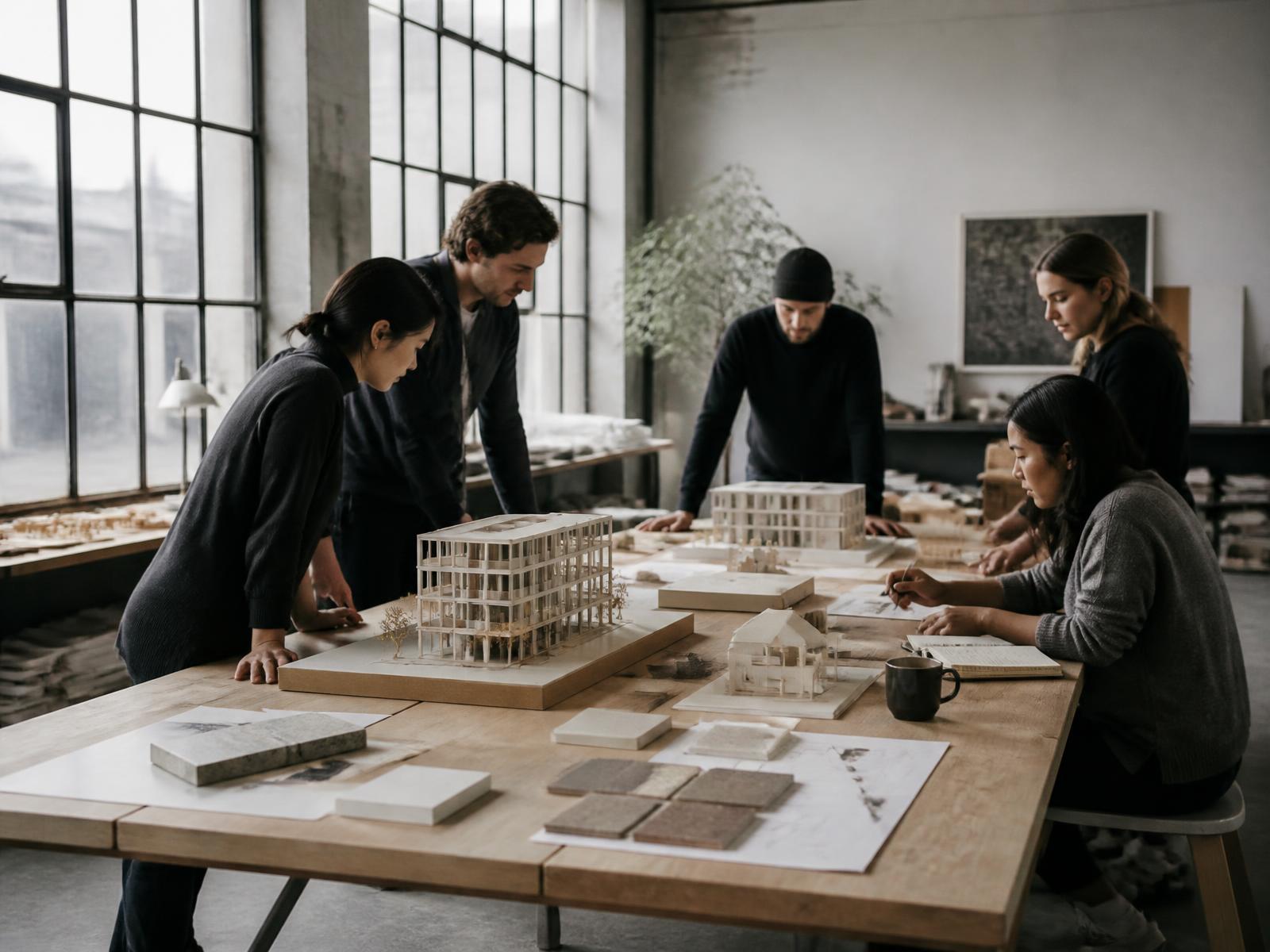 Architects reviewing physical scale models, drawings and material samples on a long oak table