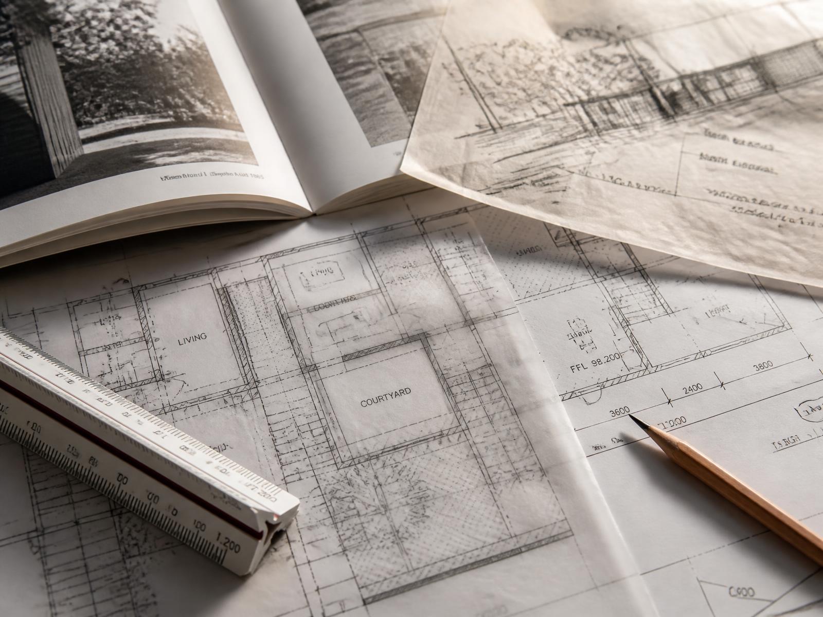 Architectural plans and tracing paper overlays on a studio desk