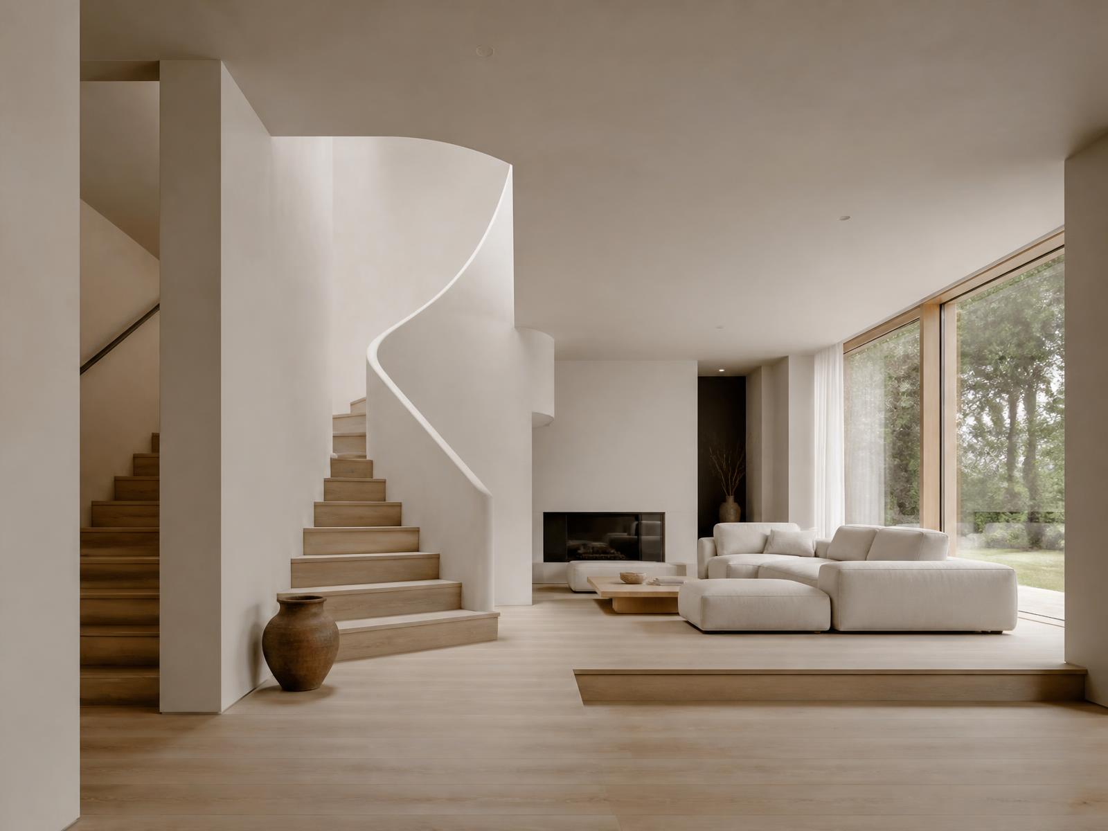 Minimal open-plan interior with pale oak floors, plaster walls and a sculptural staircase