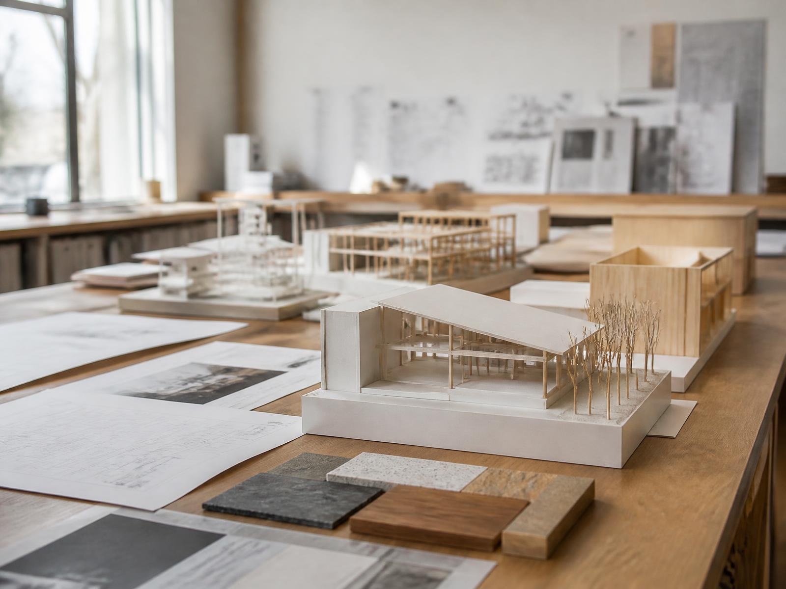 White card and timber architectural models with material samples on a studio table