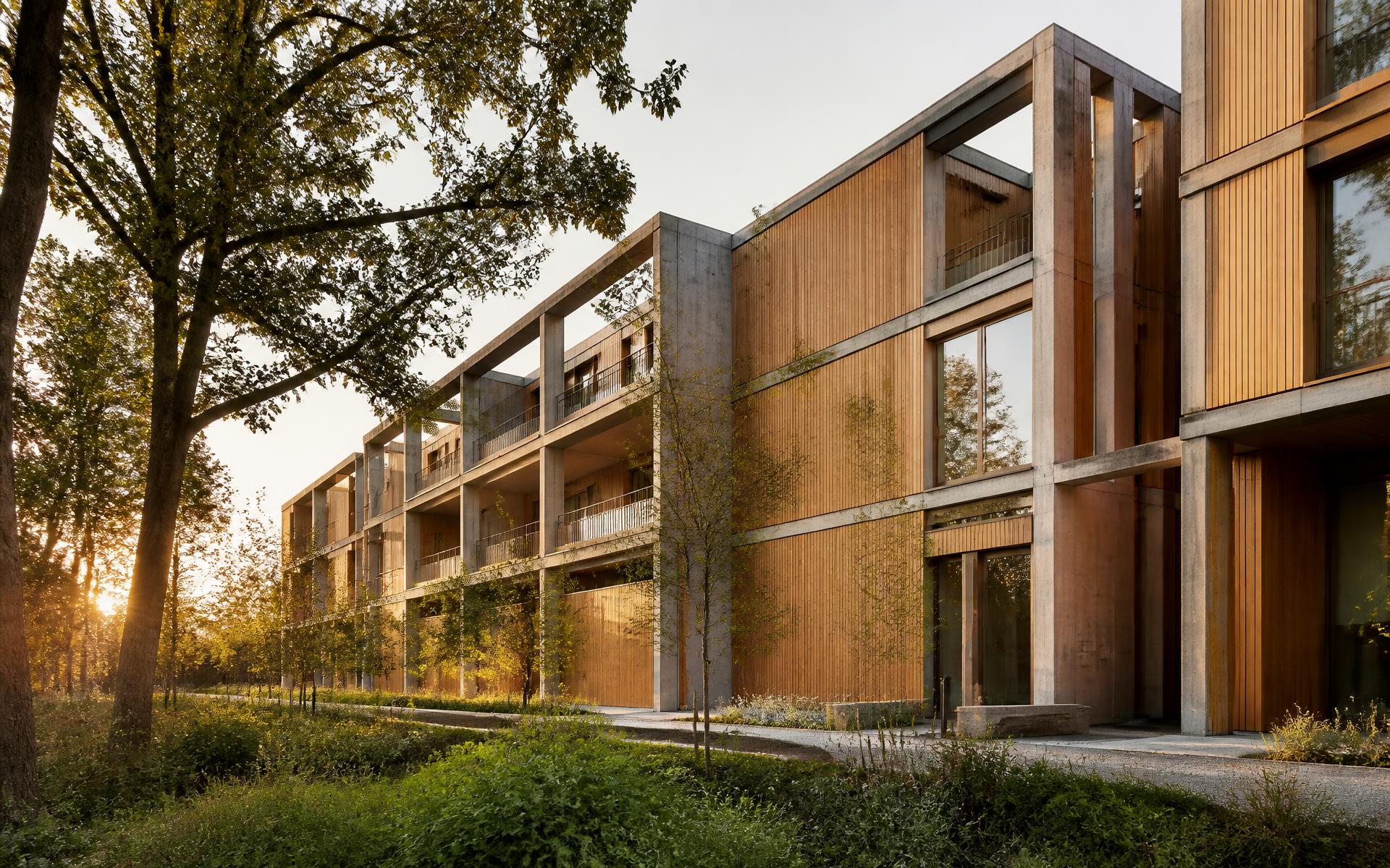 Low-carbon timber and concrete building at golden hour surrounded by mature planting